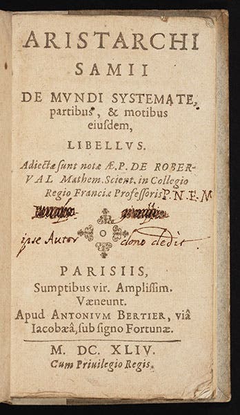 Title page of Aristarchi Samii De mundi systemate, by Gilles Personne de Roberval, 1644 (Linda Hall Library)