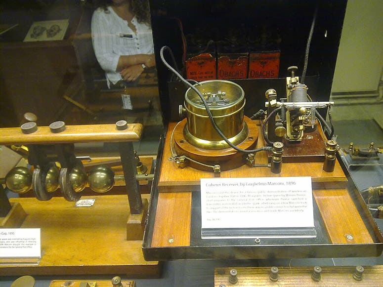 The spark-gap transmitter (left) and coherer-receiver used in Marconi’s Toynbee Hall demonstrations of 1896, removed from their black boxes, and on display at the Museum of the History of Science, Oxford (Wikimedia commons)