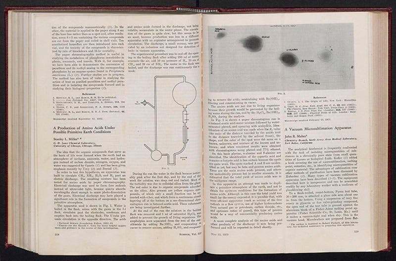 Complete two-page paper in Science, “A production of amino acids under possible primitive earth conditions”, by Stanley Miller, 1953 (Linda Hall Library)