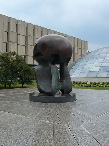 Nuclear Energy, bronze sculpture by Henry Moore, unveiled on Dec. 2, 1967, on the very site at the University of Chicago where CP-1 went critical exactly 25 years earlier, in 1942 (Wikimedia commons)