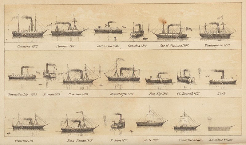 17 steamboats designed by Robert Fulton, plus 2 views of the Nautilus, lithograph in J. Franklin Reigart, The Life of Robert Fulton, 1856 (Linda Hall Library)