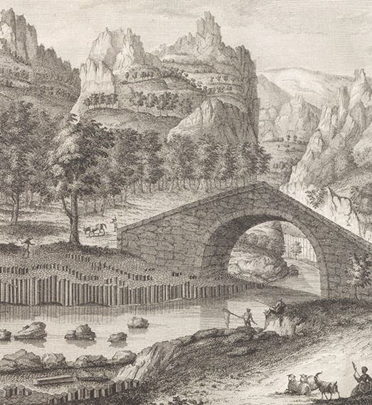 Prismatic basalt cut through by a river, detail of an engraving, Barthélemy Faujas-de-Saint-Fond, Recherches sur les volcans éteints du Vivarais et du Velay, 1778 (Linda Hall Library)