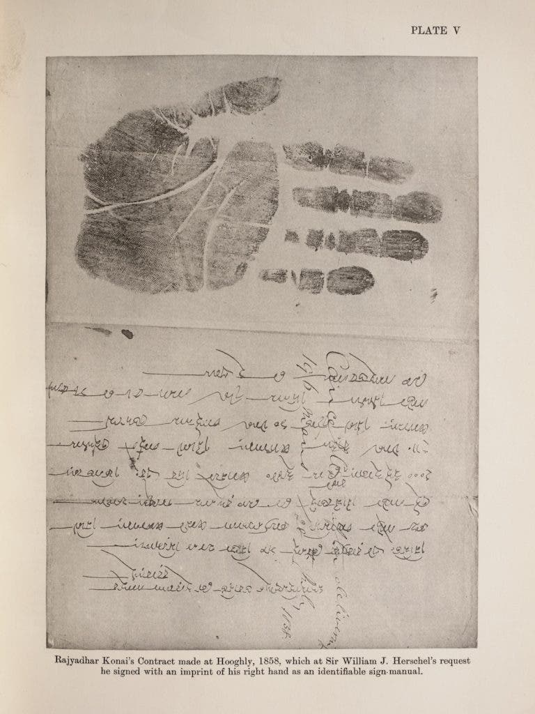 Contract signed in 1858 in Hooghly, India. William Herschel had the signatory use a hand print to aid in identification. Image source: Pearson, Karl. The Life, Letters and Labours of Francis Galton, vol. 3. Cambridge University Press, 1930. View Source