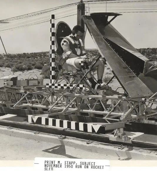 John Paul Stapp on early rocket sled at Holloman Air Force Base, photograph, 1950 (Business Insider)