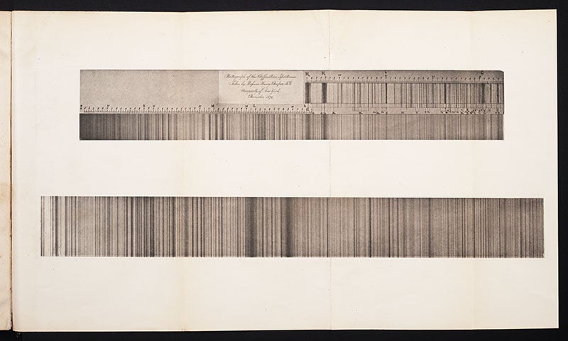 Complete solar spectrum, photograph, with detail below, by Henry Draper, 1873 (Linda Hall Library