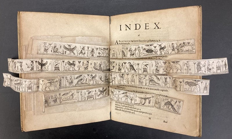 The four engraved strips depicting the edges of the Bembine Tablet, unfolded, in Characteres Aegyptii, by Lorenzo Pignoria, 1608 (author’s collection)