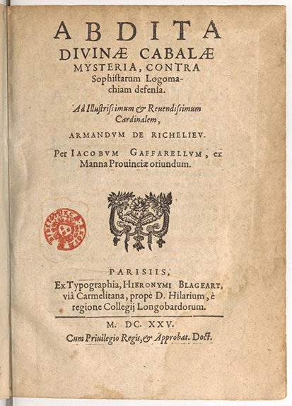 Title page of Abdita divinae cabalae mysteria, by Jacques Gaffarel, 1625 (BnF Gallica)