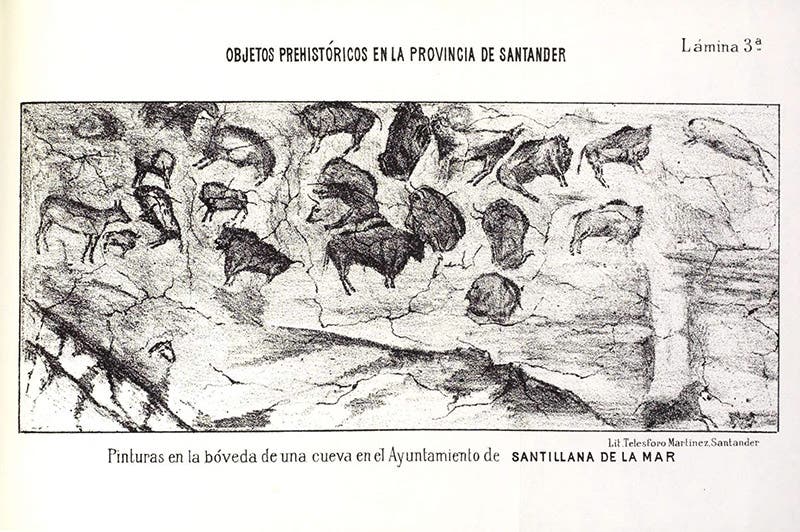 Drawing of the Altamira cave ceiling, Marcelino Sanz de Sautuola, Breves apuntes sobre algunos objetos prehistóricos de la provincia de Santander, 1880, fascsimile issued by the Grupo Santander (bvpb.mcu.es)