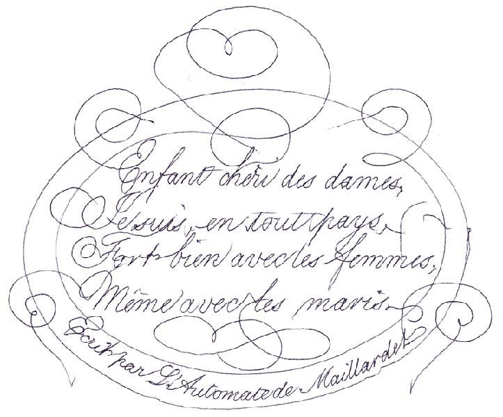 Drawing #1, a poem, written by the automaton at the Franklin Institute, sometime after 2007, revealing that it was written by “the automaton of Maillardet” (Wikimedia commons)