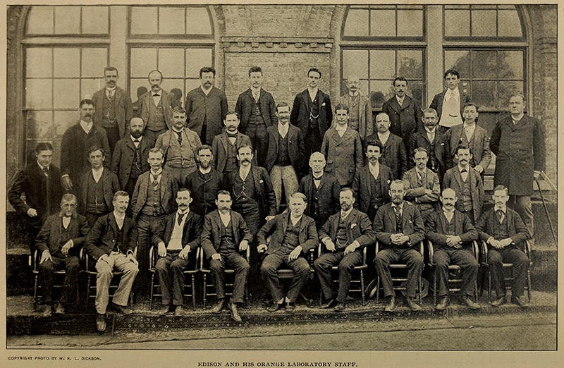 Thomas Edison and his Orange Lab staff, photograph by William K.L Dickson; Edison is at front center; Dickson is third from right in second row (ctgpublishing.com)