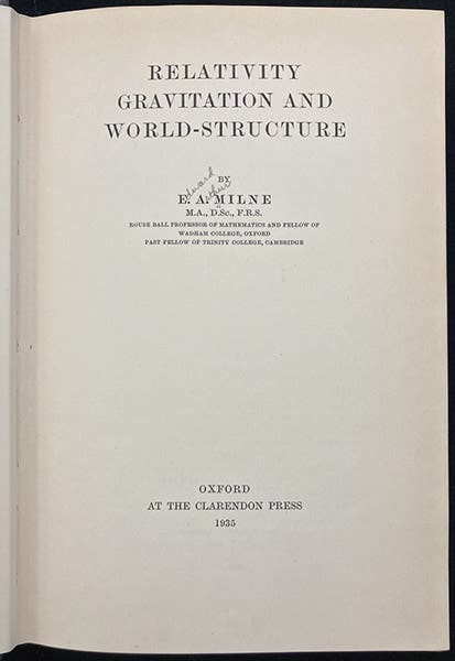 Title page, Relativity, Gravitation and World-Structure, by E. A. Milne, 1935 (Linda Hall Library)