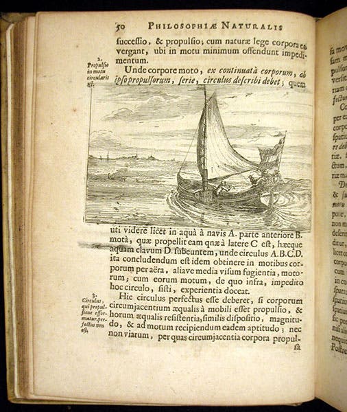 A boat sailing in a circle, demonstrating Descartes’ principle of circular inertia, text engraving in Wolferd Senguerd, Philosophia naturalis, 1685 (Linda Hall Library)