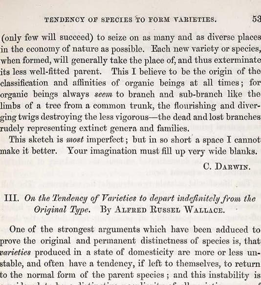 The beginning of the paper by Alfred Russel Wallace, “On the Tendency of Varieties to depart indefinitely from the Original Type,” as printed in the Journal of the Proceedings of the Linnean Society, Zoology, vol. 3, p. 53, 1859 (Linda Hall Library)