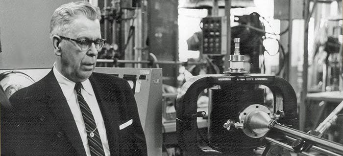 Percy LeBaron Spencer in his Raytheon lab, photograph, undated (Spencer Family Archives via the Smithsonian Institution)