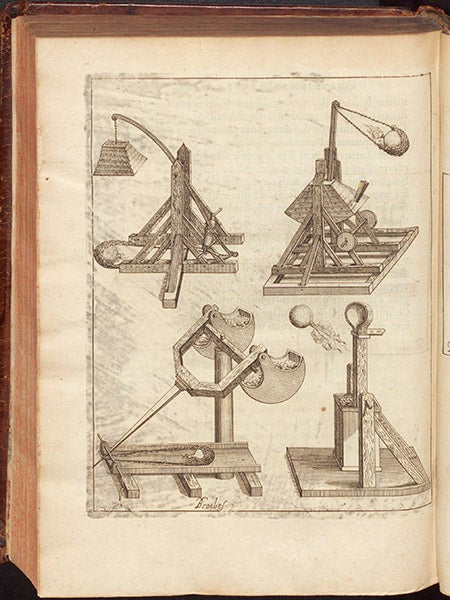Various mortar catapults, engraved plate, François Blondel, L'art de jetter les bombes, 1699 (Linda Hall Library)