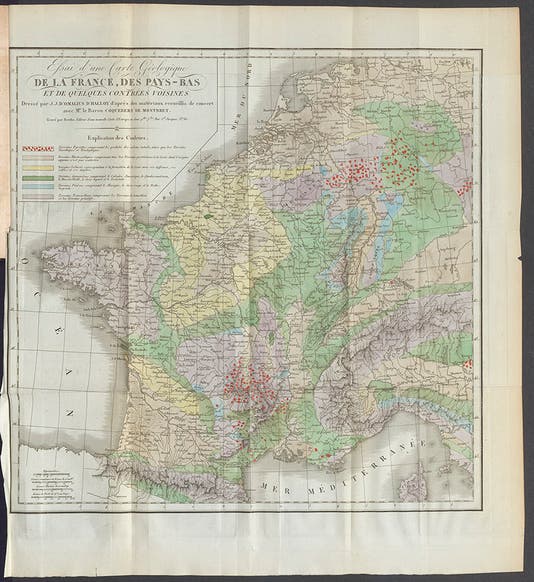 Geological map of France, hand-colored engraving, by Jean Baptiste d'Omalius d'Halloy, in Annales des Mines, vol. 7, 1822 (Linda Hall Library)
