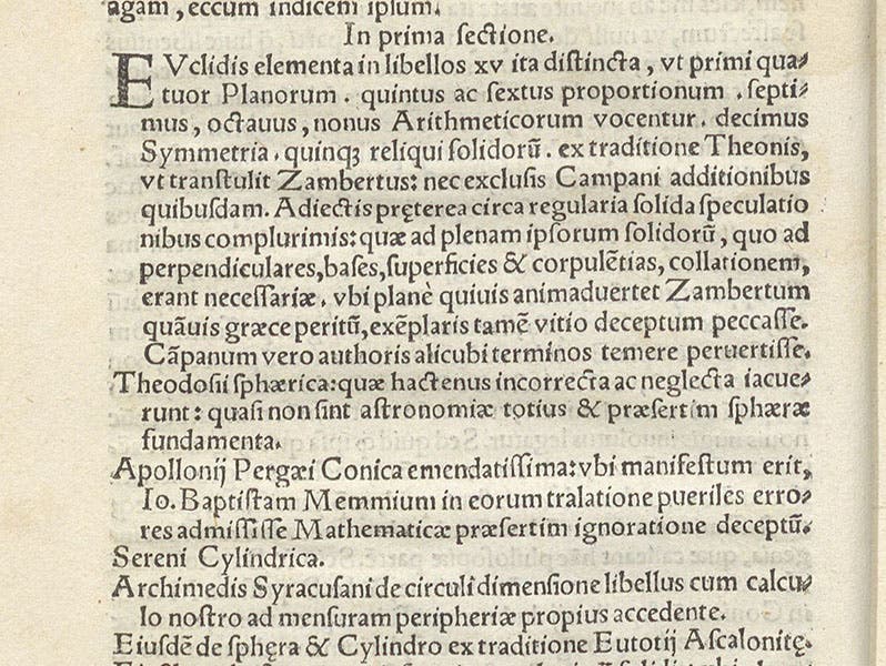 Detail of one page of the dedication to Pietro Bembo, showing the beginning of Maurolico’s publishing program, with mention of Euclid, Theon, Apollonius, and Archimedes, Cosmographia, by Francesco Maurolico, 1543 (Linda Hall Library)
