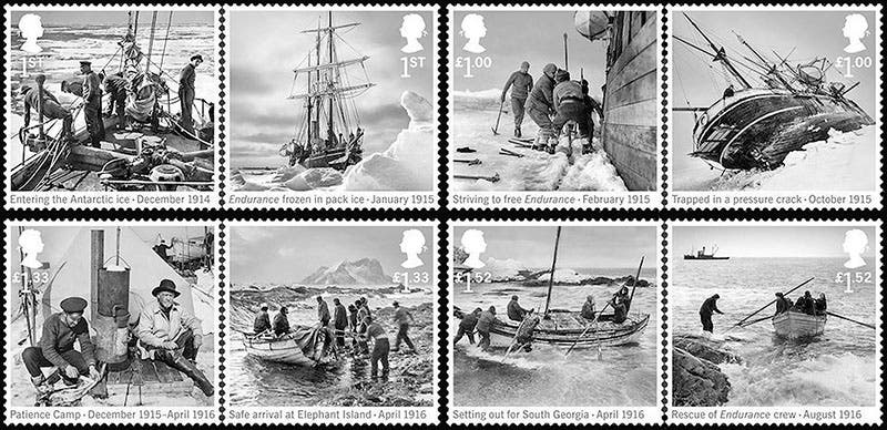 Royal Mail stamp issue of 2016, commemorating the survival of the crew of the Endurance. Each of the 8 stamps is based on a photograph by Frank Hurley (polarpostalhistory.org.uk/)