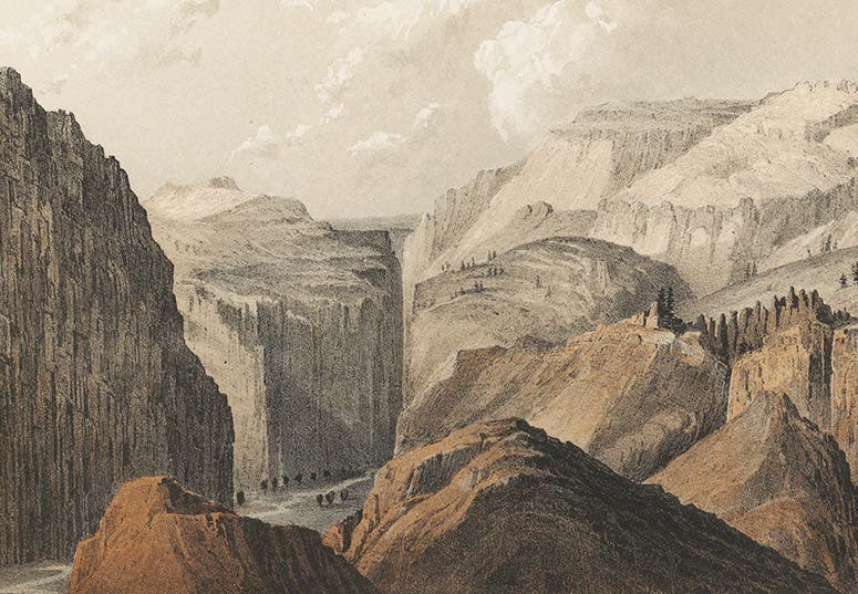 Black Canyon of the Grand River, detail of a tinted lithograph by John Mix Stanley after a sketch by Frederick W. von Egloffstein, in Report of Explorations … by Capt. J.W. Gunnison, by Edward Beckwith, 1855 (Linda Hall Library)