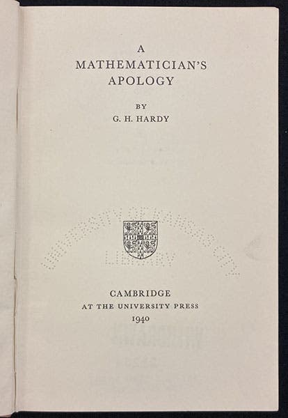 Title page, A Mathematician’s Apology, by G.H. Hardy, 1940 (Linda Hall Library)