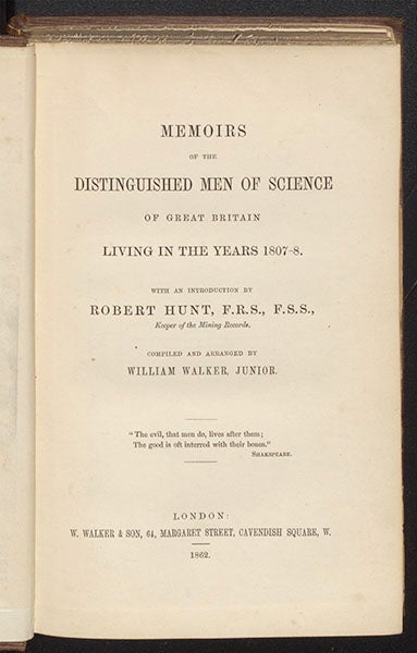 Title page, Memoirs of the Distinguished Men of Science of Great Britain Living in the Years 1807-8, by William Walker, Jr., 1862 (author’s collection)