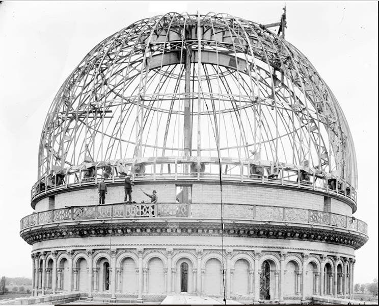 The dome for the 40-inch Yerkes refractor under construction, Yerkes Observatory, Williams Bay, Wisconsin, photograph, 1896, University of Chicago Library, Special Collections (Wikimedia commons)