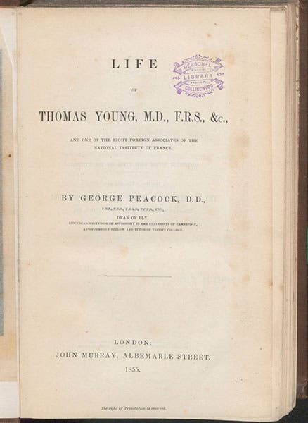 Title page, Life of Thomas Young, by George Peacock, 1855, with the ownership stamp of Collingwood, John Herschel’s Library, (Linda Hall Library)