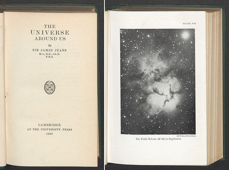 Title page and a plate from The Universe Around Us, by James Jeans, 1920. The plate is a photograph of M20, the Trifid Nebula, taken at the Mt. Wilson Observatory in Pasadena (Linda Hall Library)