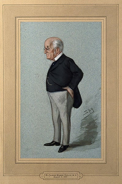 Caricature of James Gully, original watercolor for Vanity Fair lithograph (first image), by Leslie Ward, 1876 (Wellcome collection)