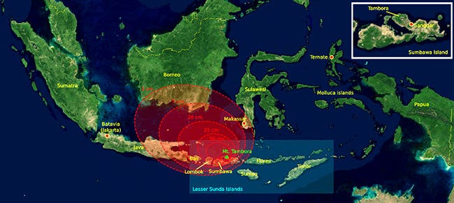 Modern ash fall map of Tambora eruption of 1815 (Wikimedia Commons)