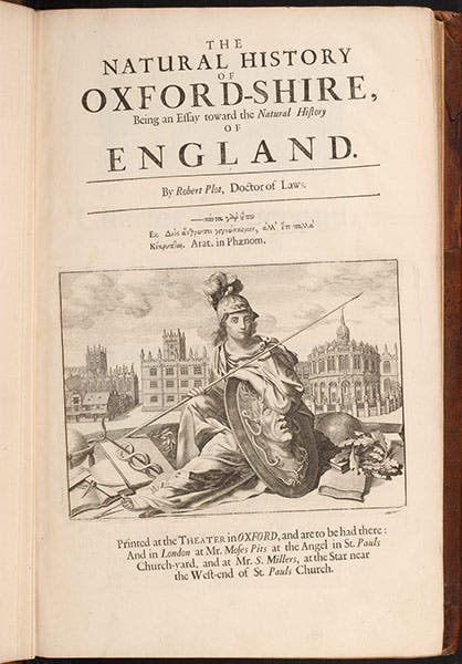 Title page, 	The Natural History of Oxford-shire, by Robert Plot, 1676; the engraved vignette is the device of Oxford University Press (Linda Hall Library)