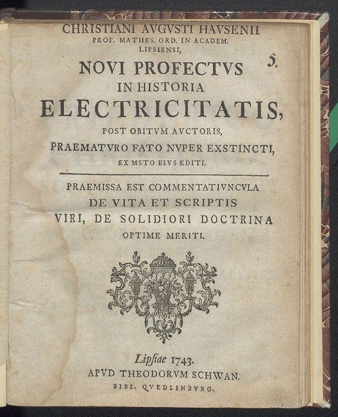 Title page, Christian August Hausen, Novi profectus in historia electricitatis, 1743 (Linda Hall Library)