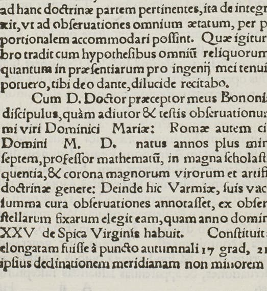 Text revealing that Copernicus was the astronomical assistant of Domenico Maria Novara in Bologna, detail of dedicatory page in Georg Joachim Rheticus, <i>Narratio prima</i>, 1540 (Linda Hall Library)