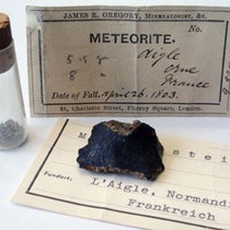 A meteorite fragment that fell at l’Aigle on Apr. 26, 1803, now in the Musée de la Météorite de l’Aigle, Orne, Normandy (en.normandi-tourisme.fr)