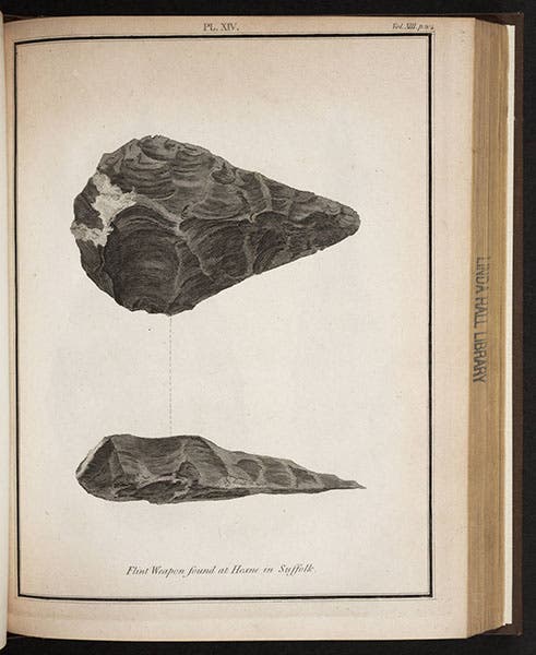Flint hand axes from Hoxne, engraved by James I or James II Basire, for an article by John Frere, Archaeologia, vol. 13, 1800 (Linda Hall Library)