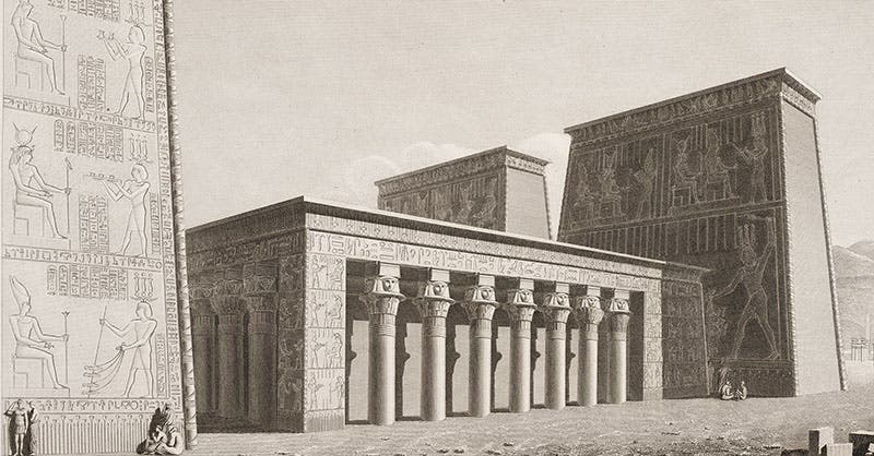 The Temple of the West at Philae, restored on paper, engraving after drawing by Jean-Baptiste Prosper Jollois and Edouard Devilliers du Terrage Description de l’Égypte, Antiquités, vol. 1, 1809 (Linda Hall Library)