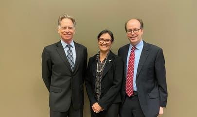 Roger Hart (2023-24 NEH Postdoctoral Fellow, Linda Hall Library), Shelly Lowe (Chair, National Endowment for the Humanities), and Benjamin Gross (Vice President for Research and Scholarship, Linda Hall Library)