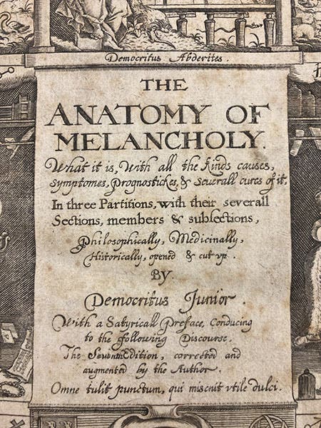 Title panel, detail of engraved title page, The Anatomy of Melancholy, by Robert Burton, 7th ed., 1660 (Linda Hall Library)