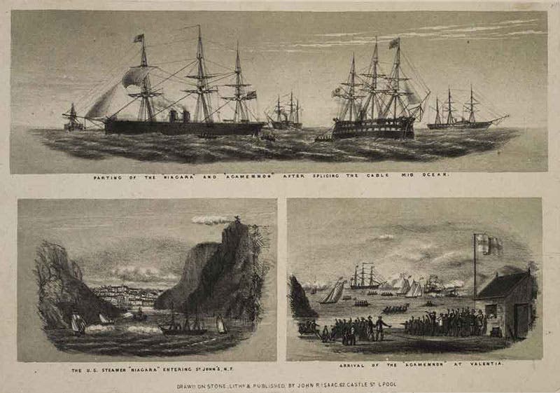 Three views of the 1858 Atlantic cable being spliced in mid-Atlantic by the ships Niagara and Agamemnon, and being laid ashore in St. Johns and Valentia, Ireland, tinted lithograph, Laying the Atlantic Telegraph Cable, by John R. Isaac, 1857-58 (Linda Hall Library)