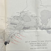 Detail of geological map of Cornwall, with the Lizard Peninsula at far left in black, accompanying paper by Eileen M. Lind Hendriks, in Quarterly Journal of the Geological Society of London, vol. 93, plate 22 (Linda Hall Library)