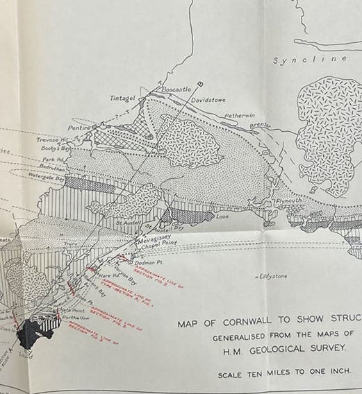 Detail of geological map of Cornwall, with the Lizard Peninsula at far left in black, accompanying paper by Eileen M. Lind Hendriks, in Quarterly Journal of the Geological Society of London, vol. 93, plate 22 (Linda Hall Library)
