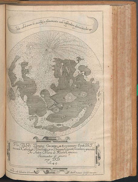 The complete lunar map, with south at the top, dominated by the rays extending from the crater that will later be named Tycho, engraving in Oculus Enoch et Eliae, by Anton Maria Schyrleus de Rheita, 1645 (Linda Hall Library)