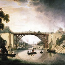 Contemporary view of Iron Bridge, painting by William Williams, ca 1780 (Ironbridge Gorge Museum via Wikimedia commons)