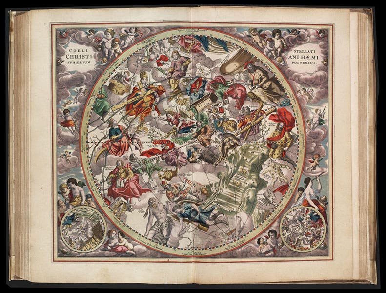 The Christian constellations of Julius Schiller, second of two plates, hand-colored engraving, Andreas Cellarius, Harmonia macrocosmica, 1661 (Linda Hall Library)