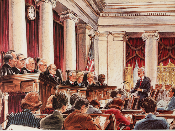 Artist Betty Wells’ drawing of Charles Fried, attorney for Merrell Dow, presenting oral arguments before the U.S. Supreme Court. From left to right, Justices Souter, Scalia, Stevens, White, Chief Justice Rehnquist, Blackmun, O’Connor, Kennedy, and Thomas. Image source: Ayala, Francisco and Bert Black. “Science and the Courts.” American Scientist, vol. 81, no. 3, pp. 230-239. View Source