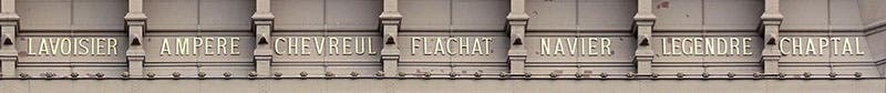 Detail of the frieze of names of 72 notable French scientists, on northwest side of the Eiffel Tower, showing names from Lavoisier to Chaptal at the far right (Wikimedia commons)