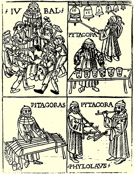 Pythagoras discovering the numerical basis of musical harmony, woodcut, Theorica musicae, by Franchino Gaffurio, 1492, from a xerox of copy in the Bibliothèque nationale de France (Wikimedia commons)