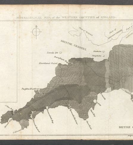 Geological map of Cornwall, Devon, Dorset, and Somerset, engraving, in Observations Relative Chiefly to the Natural History, Picturesque Scenery, and Antiquities of the Western Countries of England, by William George Maton, vol. 2, plate at end, 1797 (Linda Hall Library)