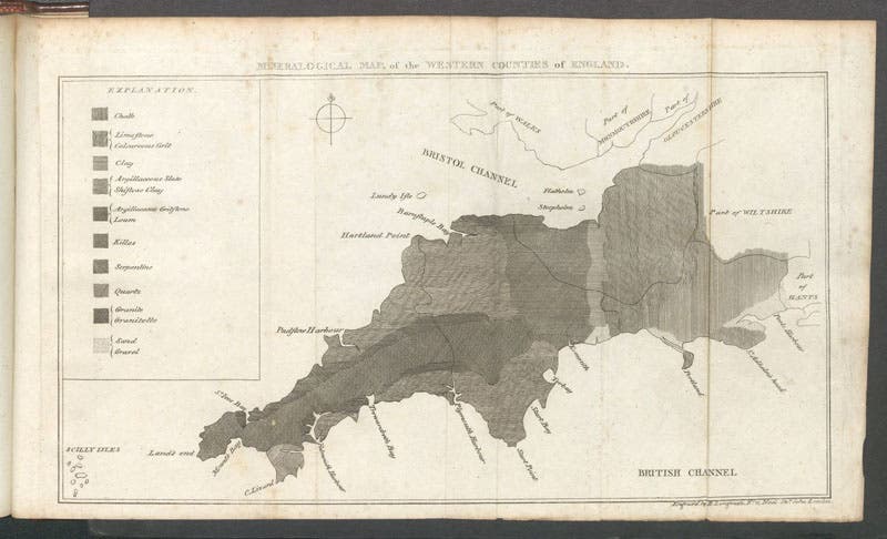 Geological map of Cornwall, Devon, Dorset, and Somerset, engraving, in Observations Relative Chiefly to the Natural History, Picturesque Scenery, and Antiquities of the Western Countries of England, by William George Maton, vol. 2, plate at end, 1797 (Linda Hall Library)