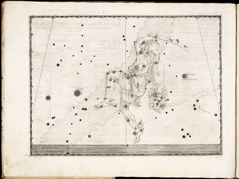 The constellation Perseus, engraving, in Johann Bayer, Uranometria, 1603. Algo (beta Persei) is the star in the right eye of the head of Medusa (Linda Hall Library)